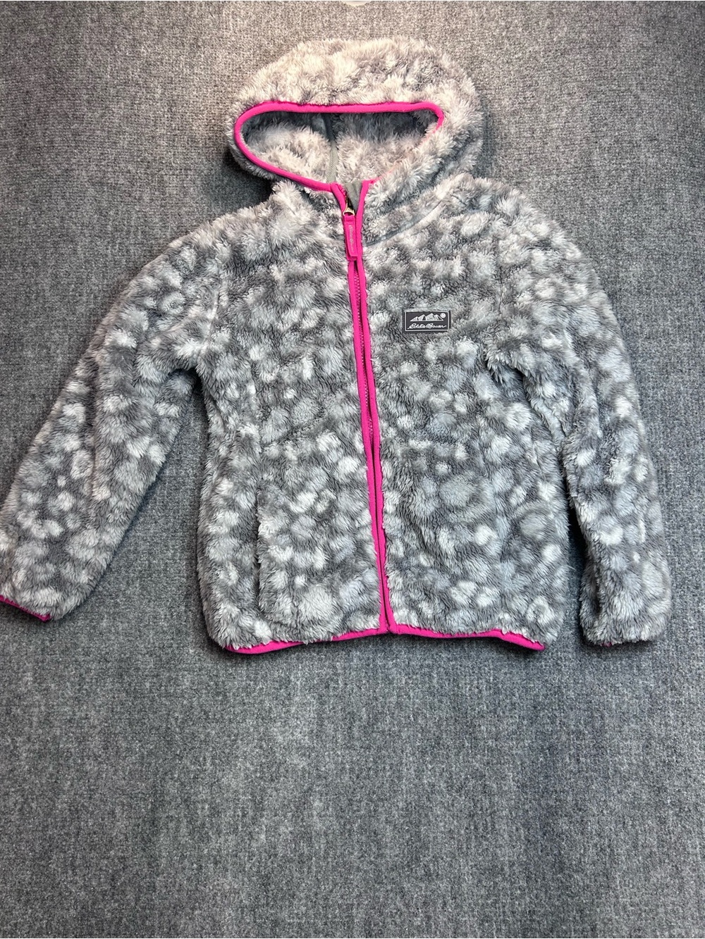 Eddie Bauer Gray Fuzzy Hooded Jacket with Pink Trim XS 5/6